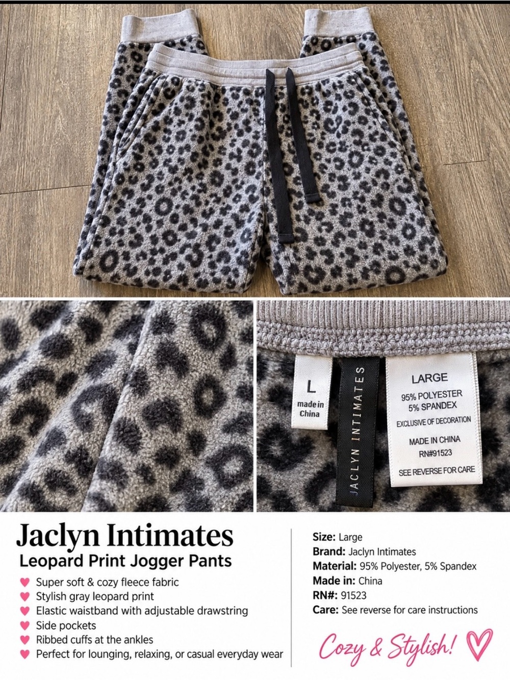 Jaclyn Intimates Gray Leopard Print Fleece Joggers